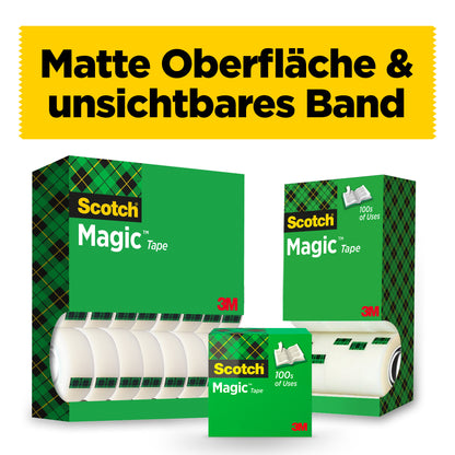Kuvassa on kolme 3M Deutschland GmbH:n Scotch® Magic™ Invisible Tape -etupakkauslaatikkoa, joiden yläpuolella lukee "Matte Oberflache & unsichtbares Band". Vihreät ruutukuvioidut pakkaukset sisältävät kukin 24 rullaa (19 mm x 33 m).
