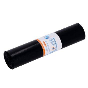 Kuvassa on EMIL DEISS KG (GmbH + Co.) DEISS 15050 roskapussirulla (600x800 mm musta, pakkaus 25 kappaletta) valko-oranssilla etiketillä keskellä valkoisella taustalla.