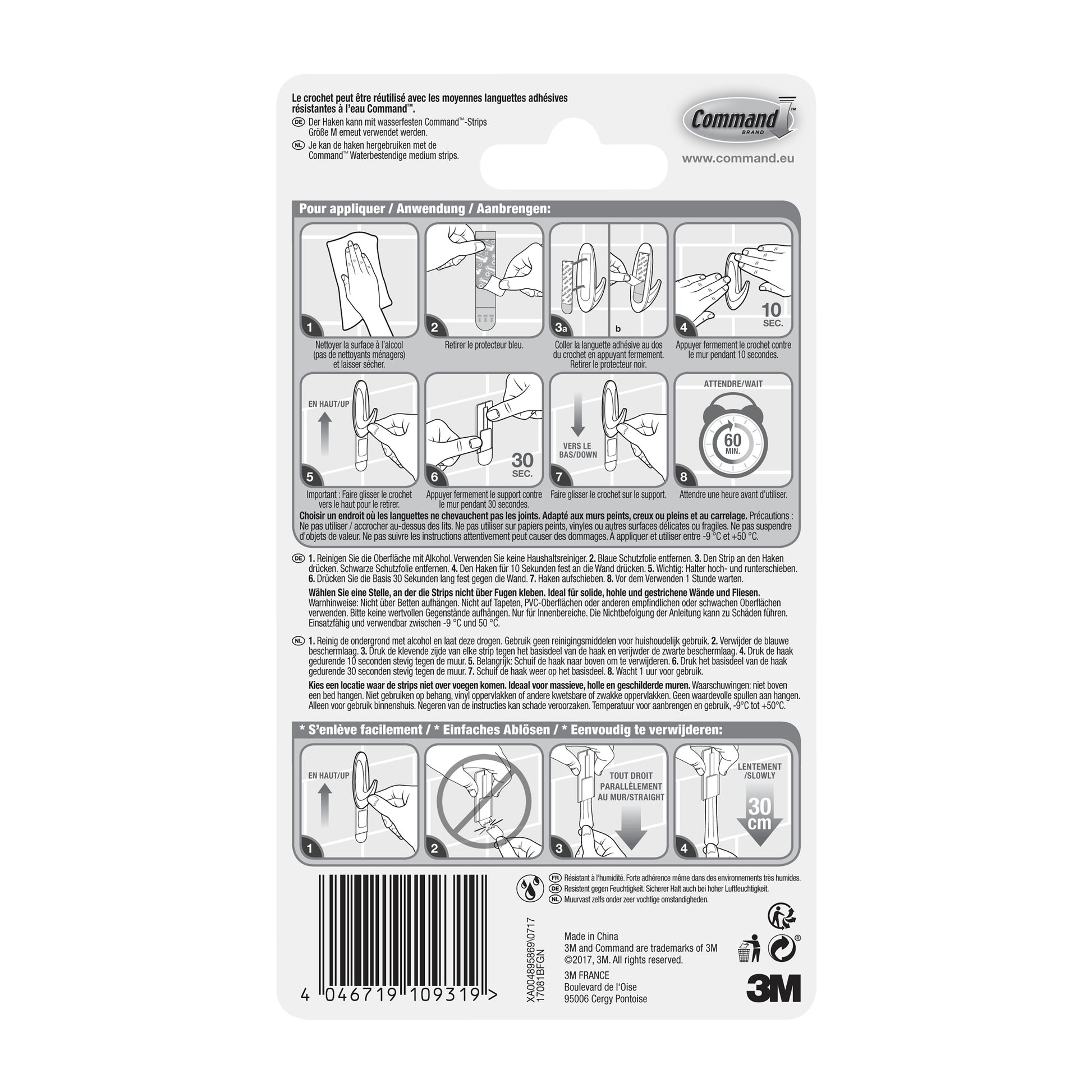 Die Rückseite einer Command™ Bad Medium Designer-Haken, 17081B (1 Stück) Packung der 3M Deutschland GmbH zeigt illustrierte Anwendungs-/Entfernungsschritte, mehrsprachigen Text, Barcode unten links und sichtbare 3M- und Command-Logos.