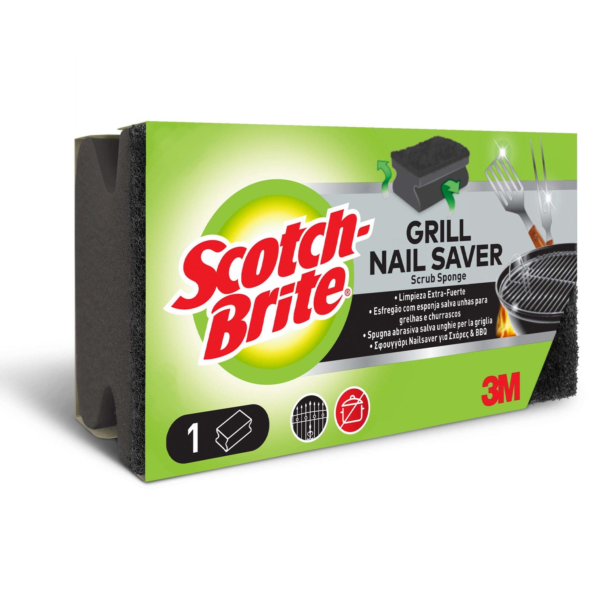 Eine rechteckige Schachtel Scotch-Brite® Grill Griffschwamm der 3M Deutschland GmbH, mit grüner und schwarzer Verpackung, Produktbildern und mehrsprachigem Text. Das 3M Logo ist in der unteren rechten Ecke abgebildet. Die Packung enthält 1 Stück.