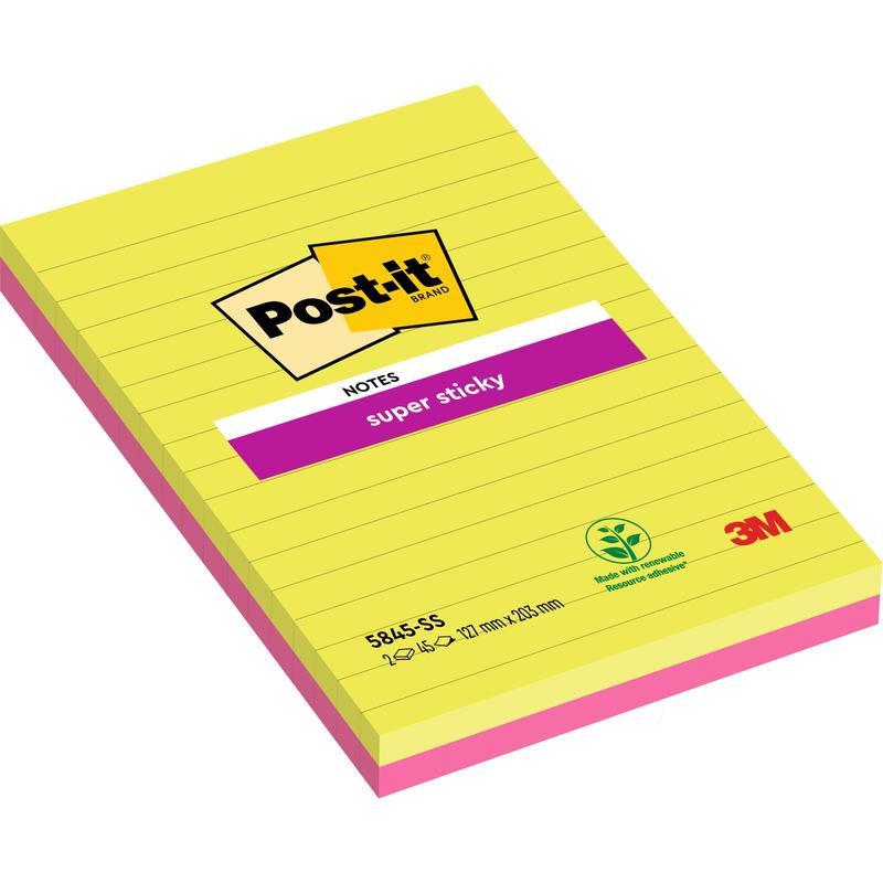 Pakkaus, jossa on kaksi suurta Post-it® Super Sticky Notes -lohkoa 3M Deutschland GmbH:lta, vuorattu vaaleanpunaisella ja vihreällä (127 mm x 203 mm, 45 arkkia kussakin), valmistettu kasvipohjaisella liimalla ja 100 % PEFC-sertifioitu (SGSCH-PEFC-COC-110078).