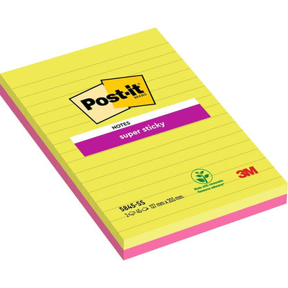 Pakkaus, jossa on kaksi suurta Post-it® Super Sticky Notes -lohkoa 3M Deutschland GmbH:lta, vuorattu vaaleanpunaisella ja vihreällä (127 mm x 203 mm, 45 arkkia kussakin), valmistettu kasvipohjaisella liimalla ja 100 % PEFC-sertifioitu (SGSCH-PEFC-COC-110078).