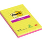 Pakkaus, jossa on kaksi suurta Post-it® Super Sticky Notes -lohkoa 3M Deutschland GmbH:lta, vuorattu vaaleanpunaisella ja vihreällä (127 mm x 203 mm, 45 arkkia kussakin), valmistettu kasvipohjaisella liimalla ja 100 % PEFC-sertifioitu (SGSCH-PEFC-COC-110078).
