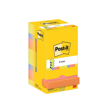 Keltainen laatikko Post-it® Super Sticky Z-Notes -muistilappuja 3M Deutschland GmbH:lta, koko 76x127 mm, 100 arkkia per lohko, kartonkipakkaus (100% PEFC), värikkäillä kiinnityslapuilla ja oranssilla Pop-up-muistiinpanolla etupuolella.
