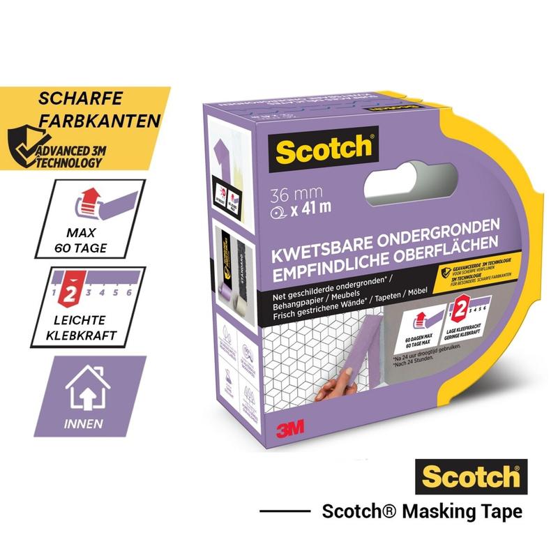 Scotch® maalarinteippi herkille pinnoille, 24 mm x 41 m, 1 rulla/pakkaus, PEFC-sertifioitu (SGSCH-PEFC-COC-110078), yksityiskohtineen saksaksi/hollanniksi; kevyt tarttuvuus, sisäkäyttöön, 3M-brändäys.
