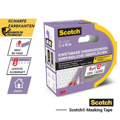 Scotch® maalarinteippi herkille pinnoille, 24 mm x 41 m, 1 rulla/pakkaus, PEFC-sertifioitu (SGSCH-PEFC-COC-110078), yksityiskohtineen saksaksi/hollanniksi; kevyt tarttuvuus, sisäkäyttöön, 3M-brändäys.