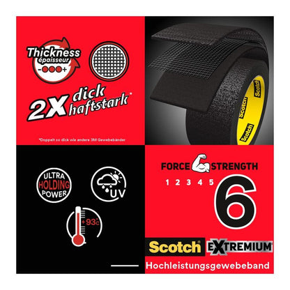 3M Deutschland GmbH:n Scotch® Extremium™ Ultra High Performance -teippi DT17:n (10 m x 24 mm, 1 rulla) grafiikka osoittaa kaksinkertaisen voiman, korkean lujuuden (6/6), UV- ja lämmönkestävyyden jopa 93°C:een, sekä saksaksi että englanniksi.