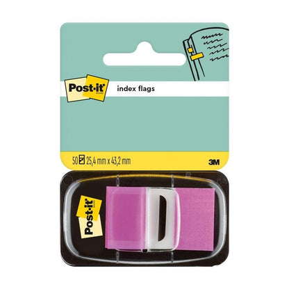 Pakkaus sisältää 50 Post-it® Index -lippua 3M Deutschland GmbH:lta, mitat 25,4 mm x 43,2 mm. Pakkauksessa on kuva kädestä, joka käyttää lippua sivun merkitsemiseen.