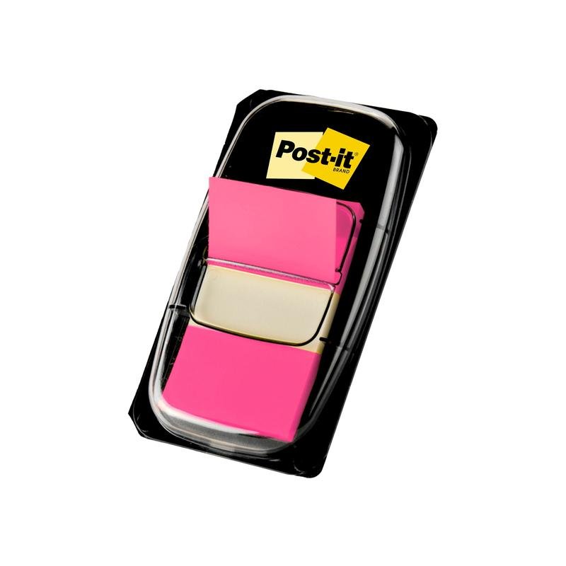 3M Deutschland GmbH:n Post-it® Index -standardi (25,4 mm x 43,2 mm), 50 kappaletta annostelijassa, jossa on kirkkaan vaaleanpunaisia lippuja ja keltainen Post-it-logo etiketissä.