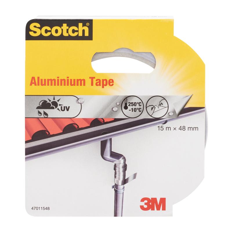Scotch® Aluminiumiteippi 47011548 3M Deutschland GmbH:ltä (48mm x 15m, hopea) tarjoaa säänkestävyyttä, lämpötila-alueen -10°C:sta 250°C:seen, UV-suojan ja soveltuu erinomaisesti korjausteipiksi monenlaisiin käyttötarkoituksiin. 3M-logo sijaitsee alhaalla oikealla.