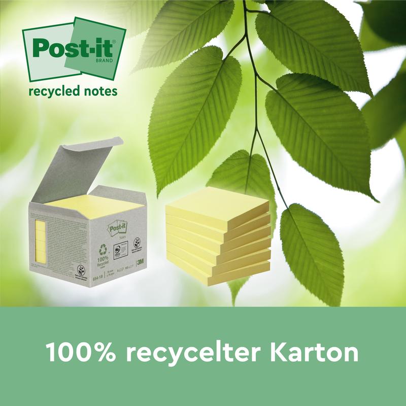 3M Deutschland GmbH:n Post-it® Recycling Z-Notes -laatikko (76 mm x 76 mm, 100 arkkia/lohko, 100 % PEFC) on kuvattu muistilappupinon ja vihreiden lehtien vieressä. Vihreä tausta on koristeltu lehtikuviolla ja tekstillä: "100 % kierrätetty kartonki."