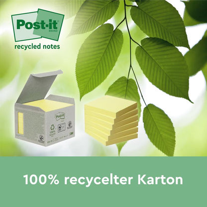 3M Deutschland GmbH:n Post-it® Recycling Z-Notes -laatikko (76 mm x 76 mm, 100 arkkia/lohko, 100 % PEFC) on kuvattu muistilappupinon ja vihreiden lehtien vieressä. Vihreä tausta on koristeltu lehtikuviolla ja tekstillä: "100 % kierrätetty kartonki."