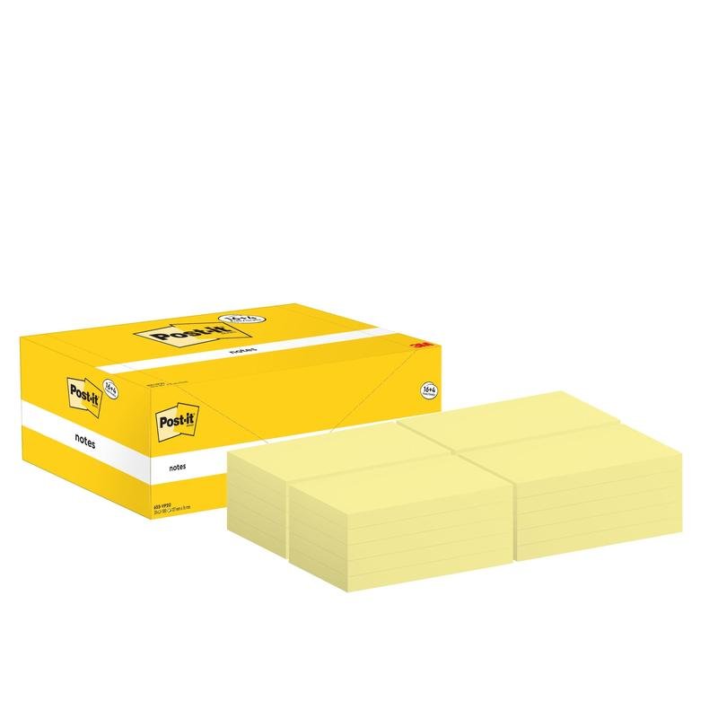 Keltainen Post-it®-muistilappulaatikko 3M Deutschland GmbH:lta, jossa lukee "Post-it® Notes", näyttää avatun kannen alla kuusi pinoa keltaisia lappuja (76 x 127 mm), jotka on järjestetty kahteen kolmen riviin toimistotarvikelaatikon viereen.