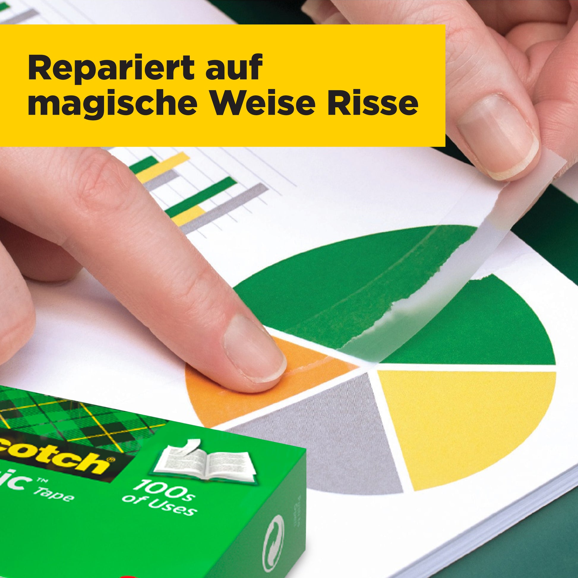 Eine Hand trägt Scotch® Magic™ Unsichtbares Klebeband (3M Deutschland GmbH) auf, um ein zerrissenes, buntes Kreisdiagramm zu reparieren. Eine Schachtel des Vorteilspacks (14 Rollen, 19 mm x 33 m) steht im Vordergrund unter einem gelben Banner: "Repariert auf magische Weise Risse.