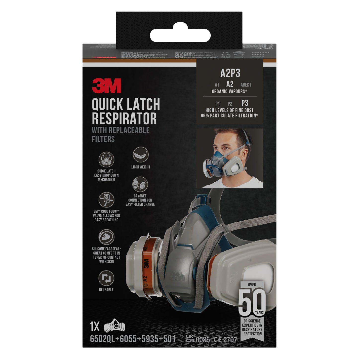 Kuvassa on 3M™ Quick Latch -hengityssuojain 6502QLKIT-1 3M Deutschland GmbH:lta vaihdettavilla A2P3-suodattimilla orgaanisille höyryille; sisältää 1 maskin, 2x6055, 2x5935, 2x501. Pakkauksessa on tuotekuvia ja yksityiskohtia.