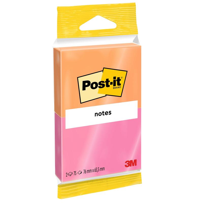 Yksi pakkaus 3M Deutschland GmbH Post-it® Notes, Joyful Collection, 76x63,5mm, 75 arkkia/lohko, 2 lohkoa/pakkaus, oranssina ja pinkkinä "notes"-etiketillä ja PEFC-sertifioidulla (SGSCH-PEFC-COC-110078) osittain läpinäkyvällä pakkauksella.