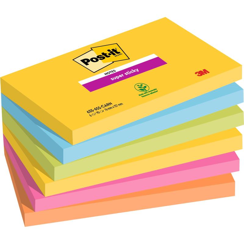 Kuusi 3M Post-it® Super Sticky Notes -pinoa (76 mm x 127 mm, 90 arkkia/pakkaus, 100% PEFC) keltaisina, vihreinä, sinisinä, liiloina, pinkkeinä ja oransseina; keltainen kansilehti näyttää logon ja tuotetiedot.