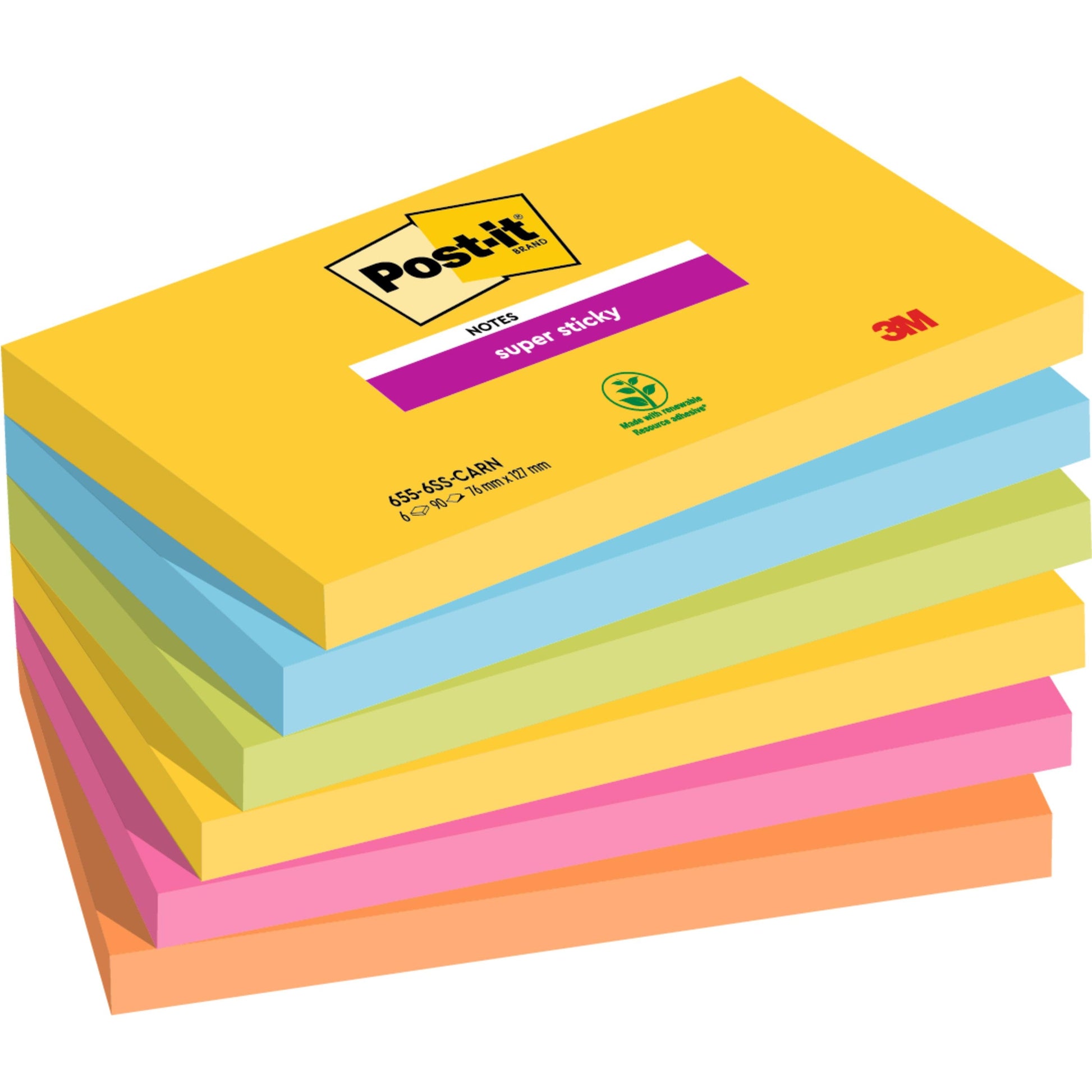 Ein Stapel von sechs 3M Post-it® Super Sticky Notes (76 mm x 127 mm, 90 Blatt/Block, 100% PEFC) in den Farben gelb, grün, blau, lila, pink und orange; das gelbe Deckblatt zeigt das Logo und Produktdetails.
