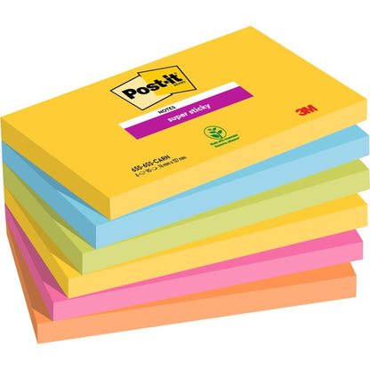 Kuusi 3M Post-it® Super Sticky Notes -pinoa (76 mm x 127 mm, 90 arkkia/pakkaus, 100% PEFC) keltaisina, vihreinä, sinisinä, liiloina, pinkkeinä ja oransseina; keltainen kansilehti näyttää logon ja tuotetiedot.