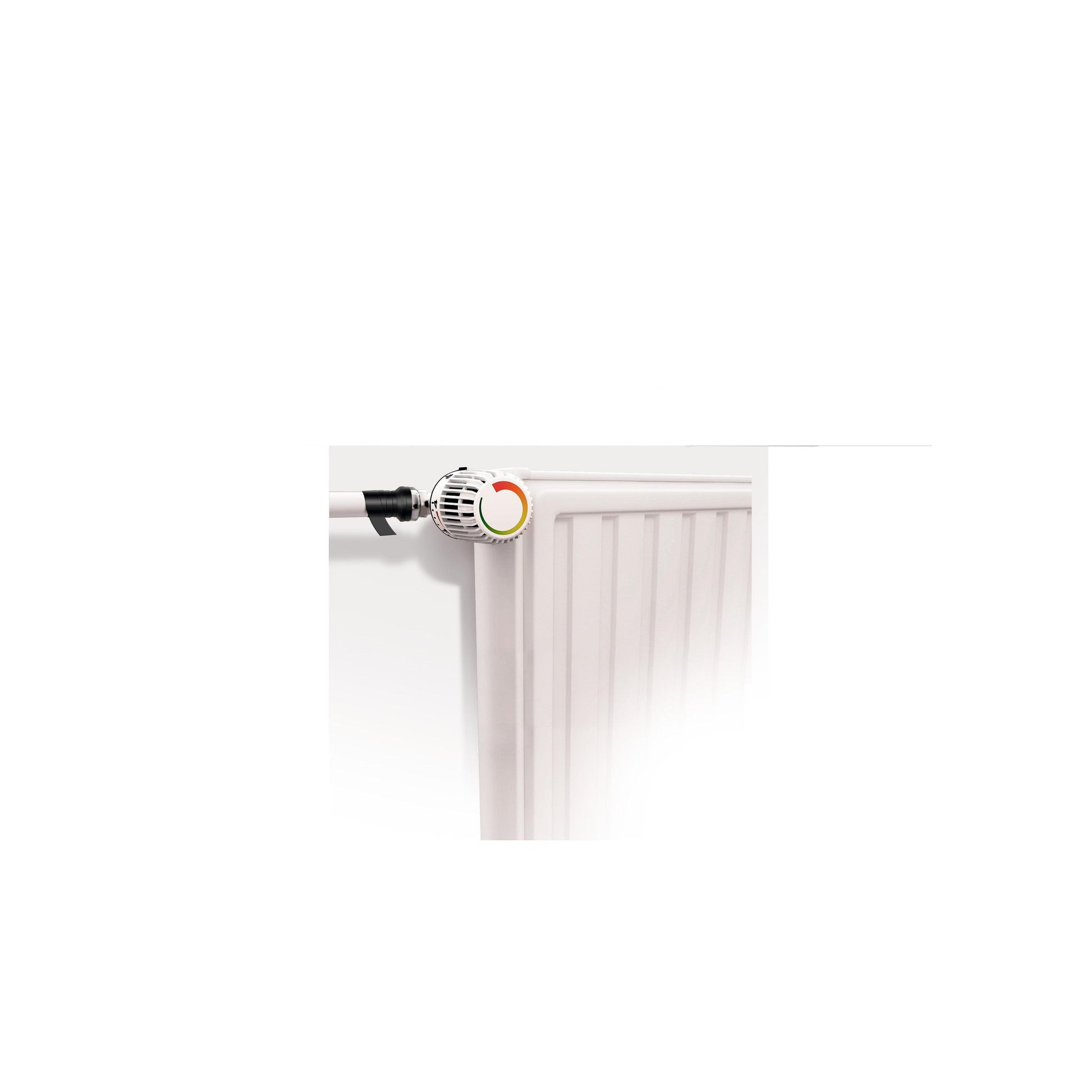 Nahaufnahme eines weißen Heizkörpers mit daneben liegendem Temperaturregelventil, auf dem das Scotch® selbstverschweißendes Reparaturband GFNSP 4704 (Schwarz, 25 mm x 3 m) der 3M Deutschland GmbH vor einem schlichten weißen Hintergrund angebracht ist.