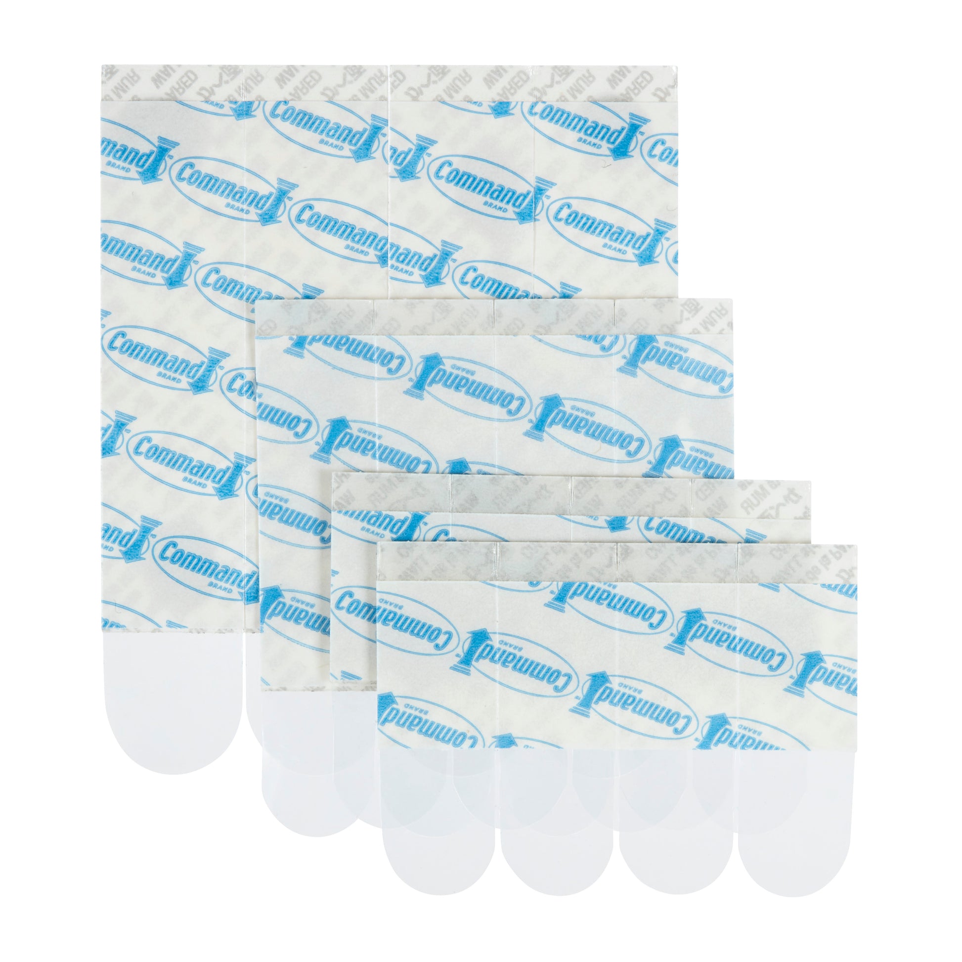 Fünf transparente Multipack Command™ Strips von 3M Deutschland GmbH, jeweils mit weißer Zuglasche zum einfachen Entfernen, sind überlappend auf weißem Hintergrund angeordnet. Bei dem abgebildeten Produkt handelt es sich um die transparente Packung 17200CLR (1 Stück).
