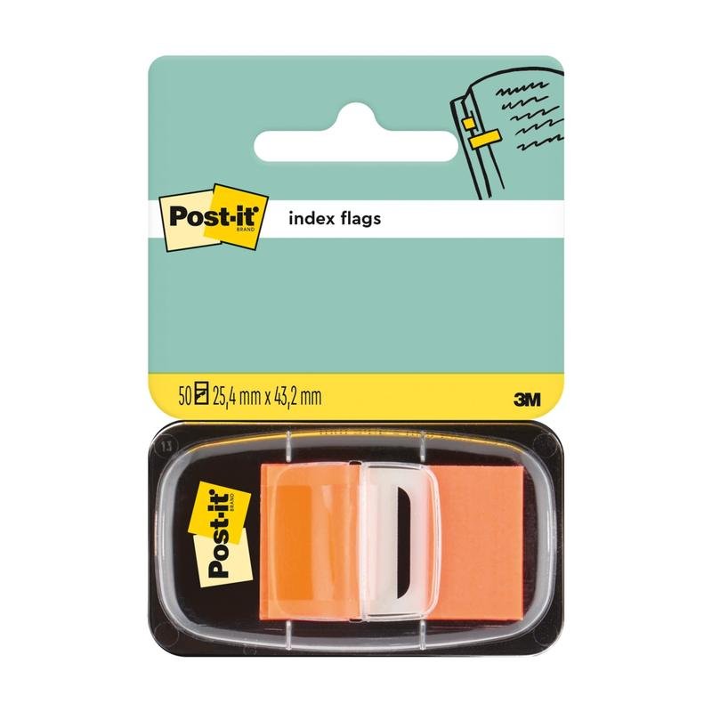 Post-it® Index -standardi (25,4 mm x 43,2 mm, 50 lippua/annostelija) 3M Deutschland GmbH:lta sisältää oransseja ja valkoisia lippuja. Pakkauksessa on Post-it-logo ja tuotteen koko.