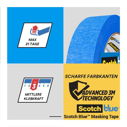 ScotchBlue™ maalarinteippirulla teräville linjoille 3M Deutschland GmbH:ltä on kuvattu saksankielisillä ja englanninkielisillä etiketeillä, jotka osoittavat 21 päivän kestävyyden, keskinkertaisen tarttuvuuden, terävät maalirajat ja edistyksellisen 3M-teknologian.