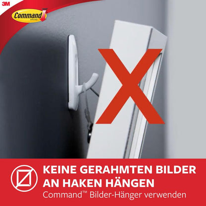 Sivunäkymä näyttää väärin ripustetun kuvan 3M Deutschland GmbH:n Keskikokoisessa Command™ monikäyttökoukussa M (17001-2), merkittynä suurella punaisella X:llä. Teksti varoittaa tästä ja suosittelee vahingoittamatonta kiinnitystä Command-kuvakiinnikkeillä. 3M-logo on näkyvissä.