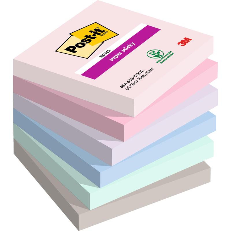 Pino 3M Deutschland GmbH Post-it® Super Sticky Notes, 76x76 mm, 90 arkkia per lohko, eri pastelliväreissä, PEFC-logo ja kierrätysprosentti mainittu yläosassa.