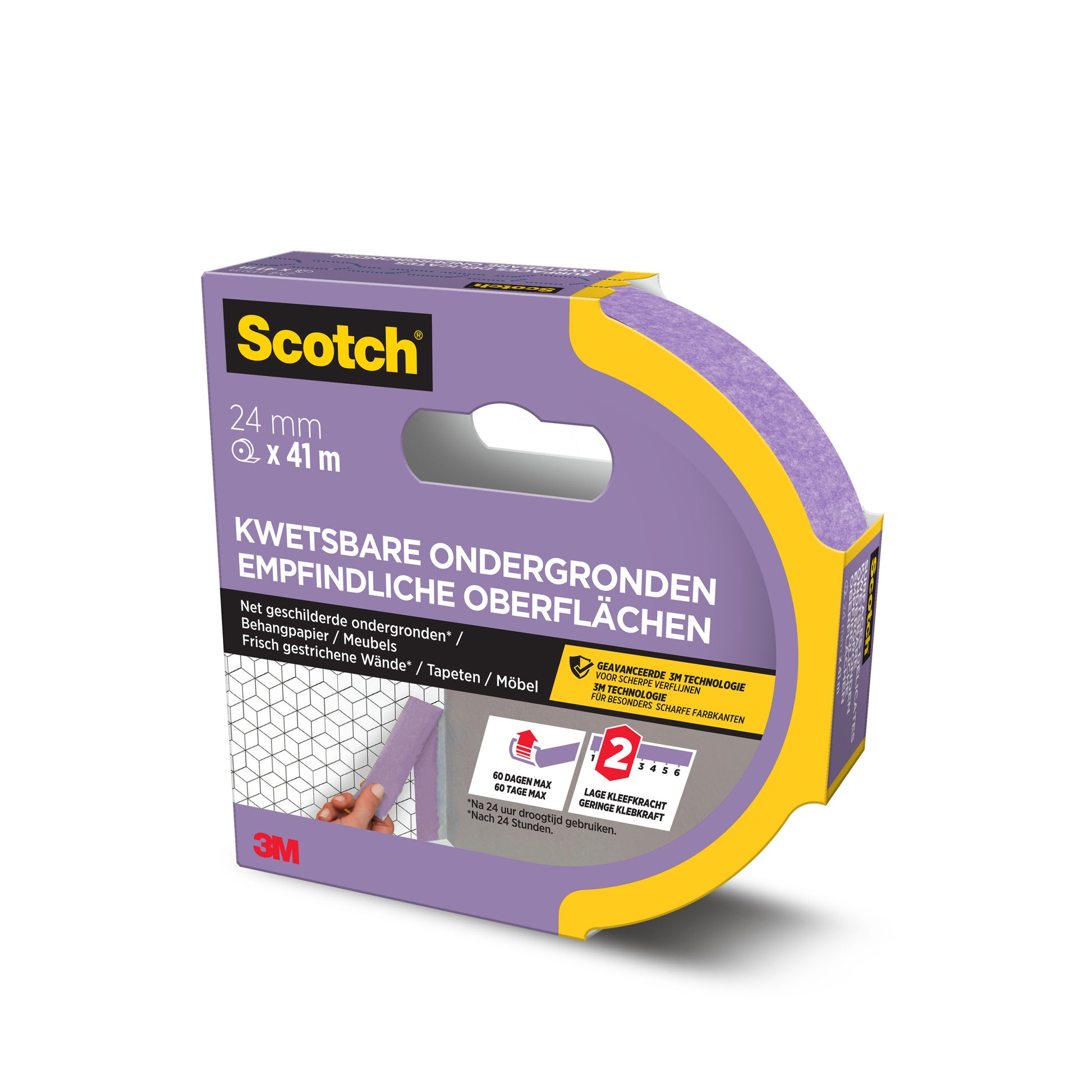 Scotch® Malerabdeckband für empfindliche Oberflächen, 24 mm x 41 m, 1 Rolle (3M Deutschland GmbH), in lila Verpackung mit DE/FR/NL Text. Die Box zeigt Anwendungstipps und verspricht rückstandsfreie Entfernung bis zu 2 Tagen.