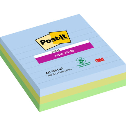 Kuvassa on pino 3M Post-it® Super Sticky Notes -muistilappuja isossa koossa (101 x 101 mm, 70 arkkia/lohko, 100% PEFC) pastelliväreissä, siniset muistiinpanot päällimmäisenä. Pakkauksessa on Post-it- ja 3M Deutschland GmbH -logot sekä tuotetiedot.