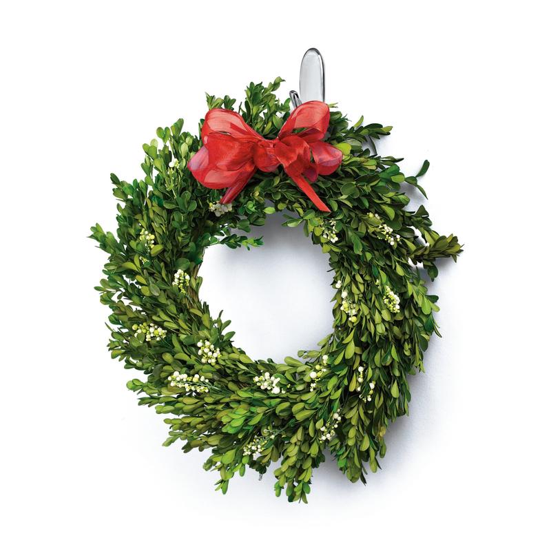 Vihreä puksipuun seppele, jossa on valkoisia marjoja ja suuri punainen rusetti, roikkuu 3M Command™ Koukku M, keskikokoinen, läpinäkyvässä, läpinäkyvillä nauhoilla, 17091CLR 3M Deutschland GmbH:sta valkoista taustaa vasten.