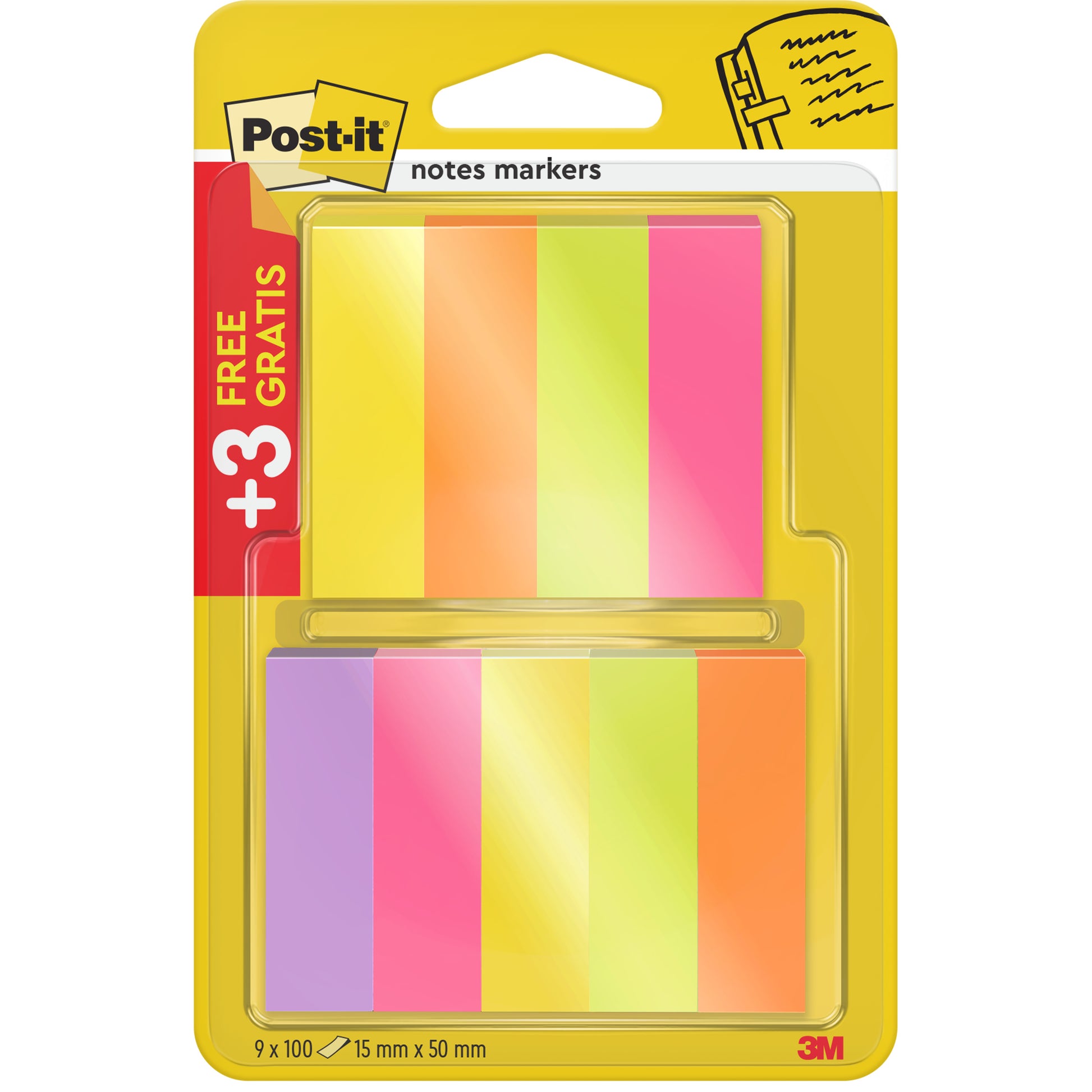 Der Post-it® Page Marker von 3M Deutschland GmbH enthält 6 Blöcke plus 3 Gratisblöcke in verschiedenen Farben (15x50mm, 100 Blatt/Block). Die Promo-Packung ist mit "+3 Gratis/Packung", englischem/spanischem Text und PEFC-Zertifizierung versehen.