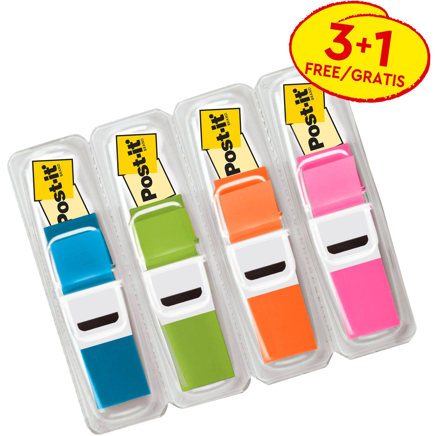 Vier Packungen 3M Post-it® Index Haftstreifen Mini (11,9 x 43,2 mm, transluzente Farben) sind in Kunststoffhüllen mit einem "3+1 FREE/GRATIS"-Etikett in Gelb und Rot abgebildet. Jede Packung enthält 35 Streifen pro Dispenser, 3 Dispenser +1 gratis.
