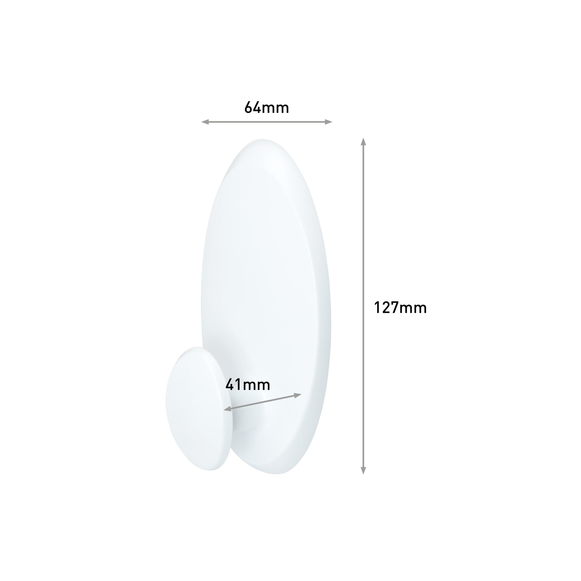Der Command™ Kleider-Haken, 17019-FGN (3M Deutschland GmbH) ist ein weißer, ovaler Wandhaken (127mm H x 64mm B) mit einer kleineren, runden Basis (41mm Ø); Messpfeile sind abgebildet. Die Packung enthält 1 Stück.