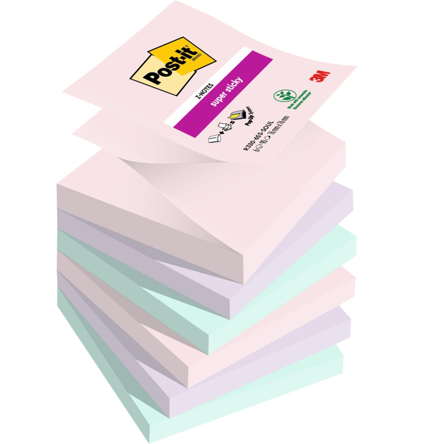 Ein Stapel pastellfarbener Post-it® Super Sticky Z-Notes (Boost Collection, 76x76 mm, 90 Blatt, 100% PEFC) wird aufgefächert. Der obere Block zeigt das Logo und die Angaben der 3M Deutschland GmbH.