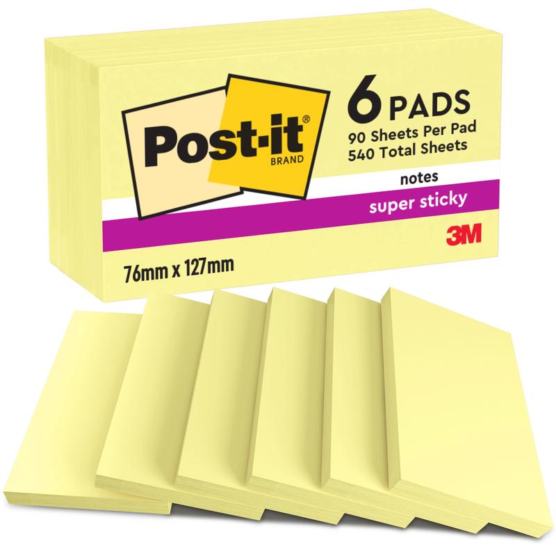 3M Deutschland GmbH:n Post-it® Super Sticky Notes -pakkaus, jossa on 6 lohkoa, jokaisessa 90 arkkia (76 mm x 127 mm) 100 % PEFC-sertifioitua paperia, pakkauksessa Post-it- ja 3M-logot sekä tuotetiedot.