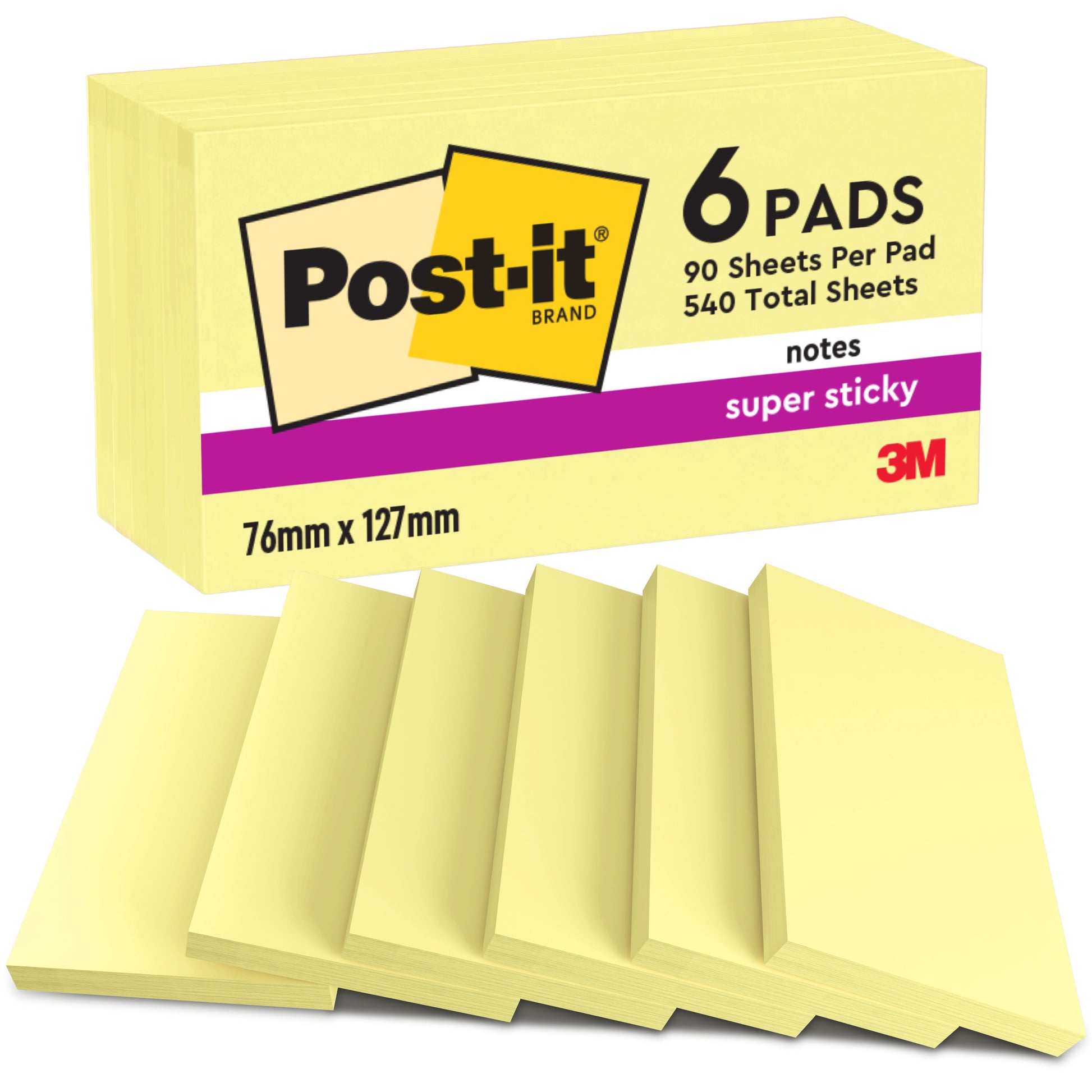 Eine Packung Post-it® Super Sticky Notes der 3M Deutschland GmbH mit 6 Blöcken zu je 90 Blatt (76 mm x 127 mm) aus 100 % PEFC-zertifiziertem Papier, mit Post-it- und 3M-Logo und Produktangaben auf der Verpackung.