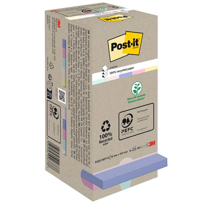 3M Deutschland GmbH:n Post-it® Recycling Z-Notes -laatikko (76 mm x 76 mm, 100 % PEFC, 100 arkkia/lohko). Beige pakkaus näyttää ympäristöystävällisiä symboleita ja pastellivärisiä muistilappuja alareunassa näkyvän 3M-logon kanssa.