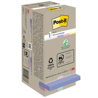 3M Deutschland GmbH:n Post-it® Recycling Z-Notes -laatikko (76 mm x 76 mm, 100 % PEFC, 100 arkkia/lohko). Beige pakkaus näyttää ympäristöystävällisiä symboleita ja pastellivärisiä muistilappuja alareunassa näkyvän 3M-logon kanssa.