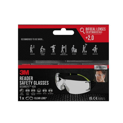 Yksi pakkaus 3M™ SecureFit™ lukulasisuojalaseja 3M Deutschland GmbH:lta sisältää +2,0 bifokaalilinssit, 99,9 % UV-suojan ja sitä suositellaan sahaus-, puusepän- ja maalaustöihin.