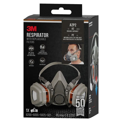 Laatikko 3M™ hengityssuojain 6002KIT-1 3M Deutschland GmbH:ltä vaihdettavilla suodattimilla (A2P2, 1x6200, 2x6055, 2x5925, 2x501) orgaanisille höyryille - yli 50 vuoden hengityssuojainosaaminen.