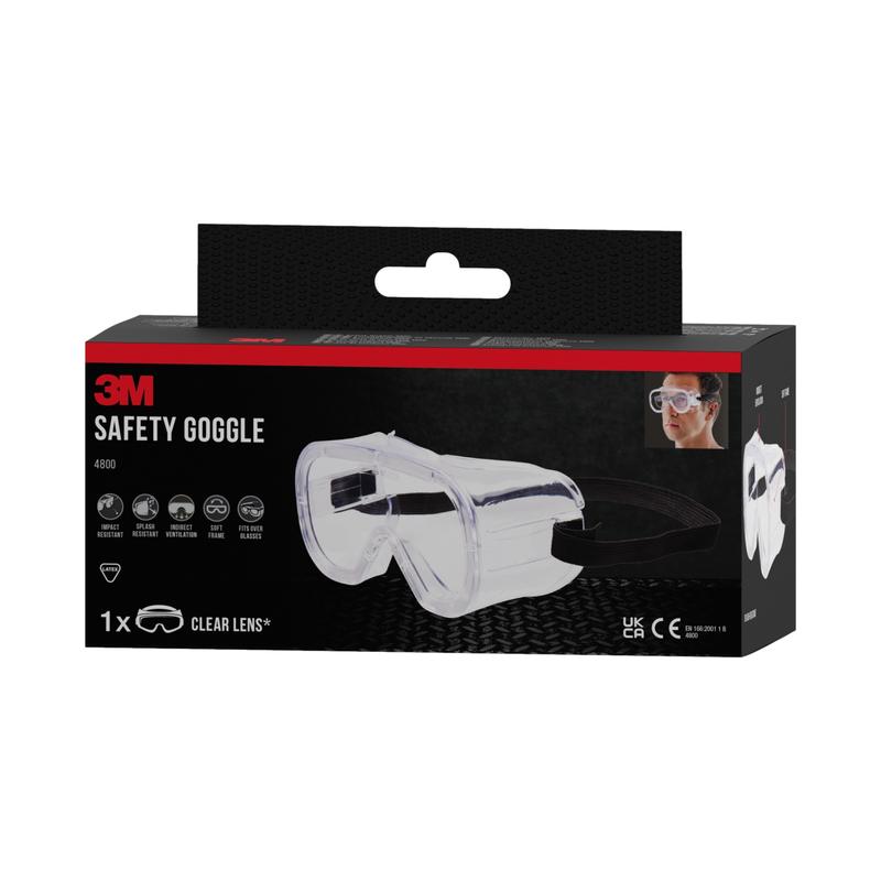 Laatikko 3M™ Classic suojalaseja 4800 3M Deutschland GmbH:ltä sisältää kirkkaan linssin, tuotekuvan edessä, epäsuorasti tuuletetun suojan symbolit ja pienen kuvan silmälasien käyttäjästä.