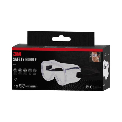 Laatikko 3M™ Classic suojalaseja 4800 3M Deutschland GmbH:ltä sisältää kirkkaan linssin, tuotekuvan edessä, epäsuorasti tuuletetun suojan symbolit ja pienen kuvan silmälasien käyttäjästä.