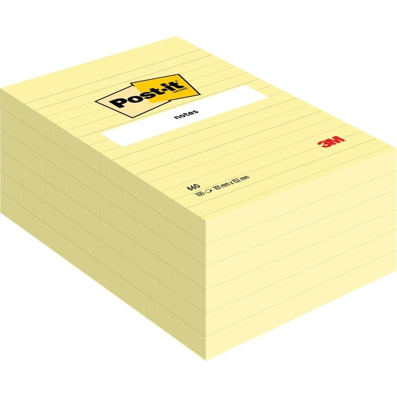 Suuri pino Post-it® Notes -muistilappuja suurikokoisena, keltaisena (101 x 152 mm) 3M Deutschland GmbH:lta, päällä valkoinen etiketti ja 3M-logo oikeassa alakulmassa. Pakkaus sisältää 600 keltaista lehteä.