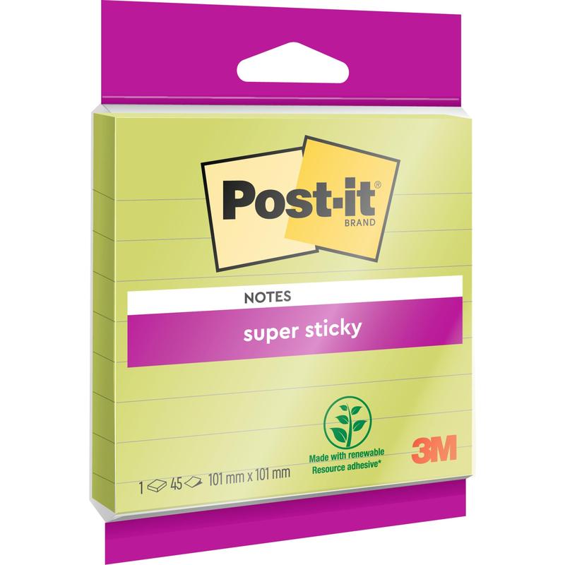 Yksi paketti Post-it® Super Sticky Notes -muistiinpanoja suuressa koossa, viivoitettu, 101 mm x 101 mm, 45 arkkia/lohko, 100% PEFC 3M Deutschland GmbH:lta.