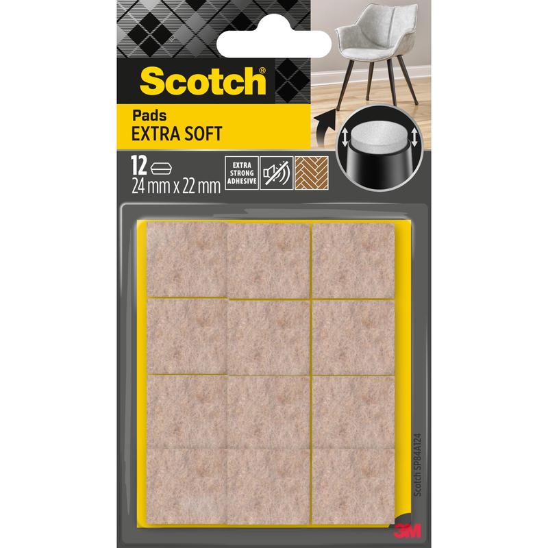 Pakkaus, jossa on 12 Scotch® Extra pehmeää huopatyynyä SP84A24, itseliimautuva, beige, 24 mm x 22 mm 3M Deutschland GmbH:lta. Toimitus keltaisella alustalla; pakkauksessa näkyy tuolin jalka, jota tyyny suojaa.