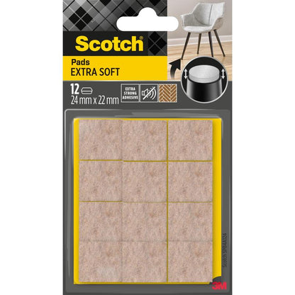 Pakkaus, jossa on 12 Scotch® Extra pehmeää huopatyynyä SP84A24, itseliimautuva, beige, 24 mm x 22 mm 3M Deutschland GmbH:lta. Toimitus keltaisella alustalla; pakkauksessa näkyy tuolin jalka, jota tyyny suojaa.