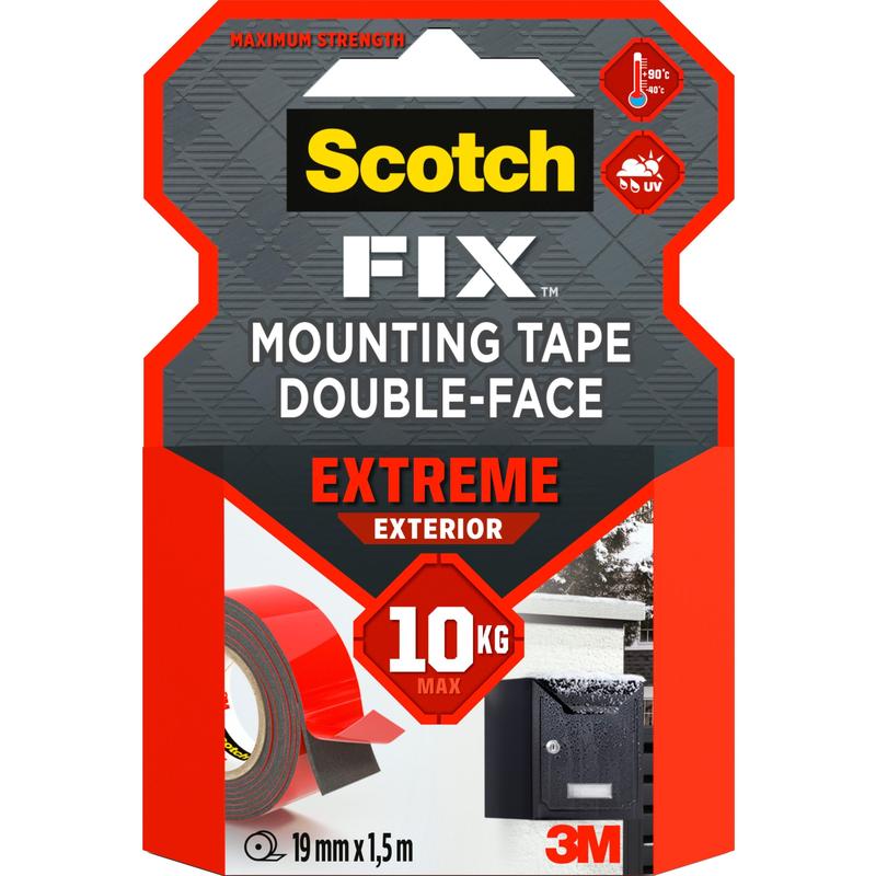 Yksi paketti Scotch-FIX™ Extreme kaksipuolista ulkokiinnitysteippiä 3M Deutschland GmbH:lta, maksimivahvuus 10 kg, UV-kestävyys, koko 19 mm x 1,5 m, ihanteellinen ulkokäyttöön.
