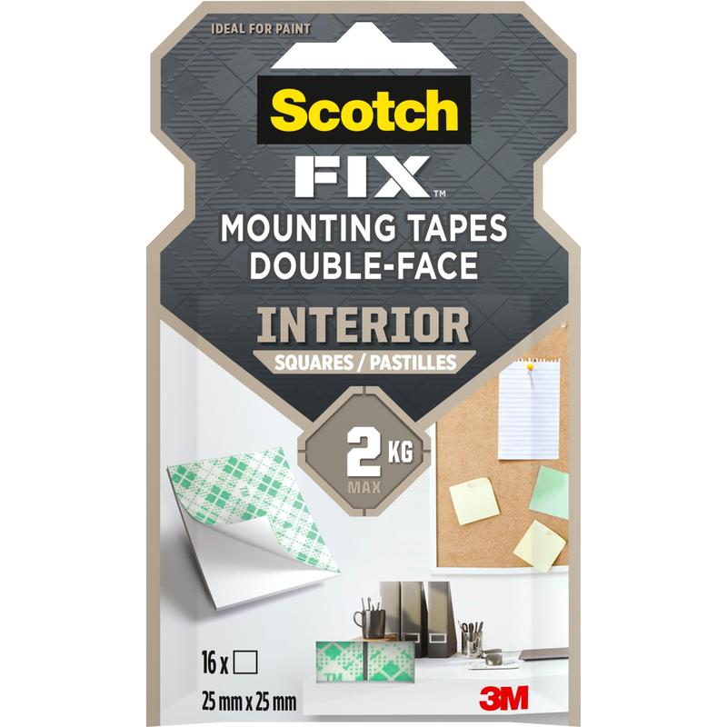 Yksi pakkaus Scotch-FIX™ kaksipuolisia sisäasennusneliöitä 4496-ST16-P 3M Deutschland GmbH:ltä sisältää 16 kaksipuolista neliötä (25 mm x 25 mm) sisäasennukseen, jotka kestävät kukin jopa 2 kg. 3M-logo on kuvattu oikeassa alakulmassa.